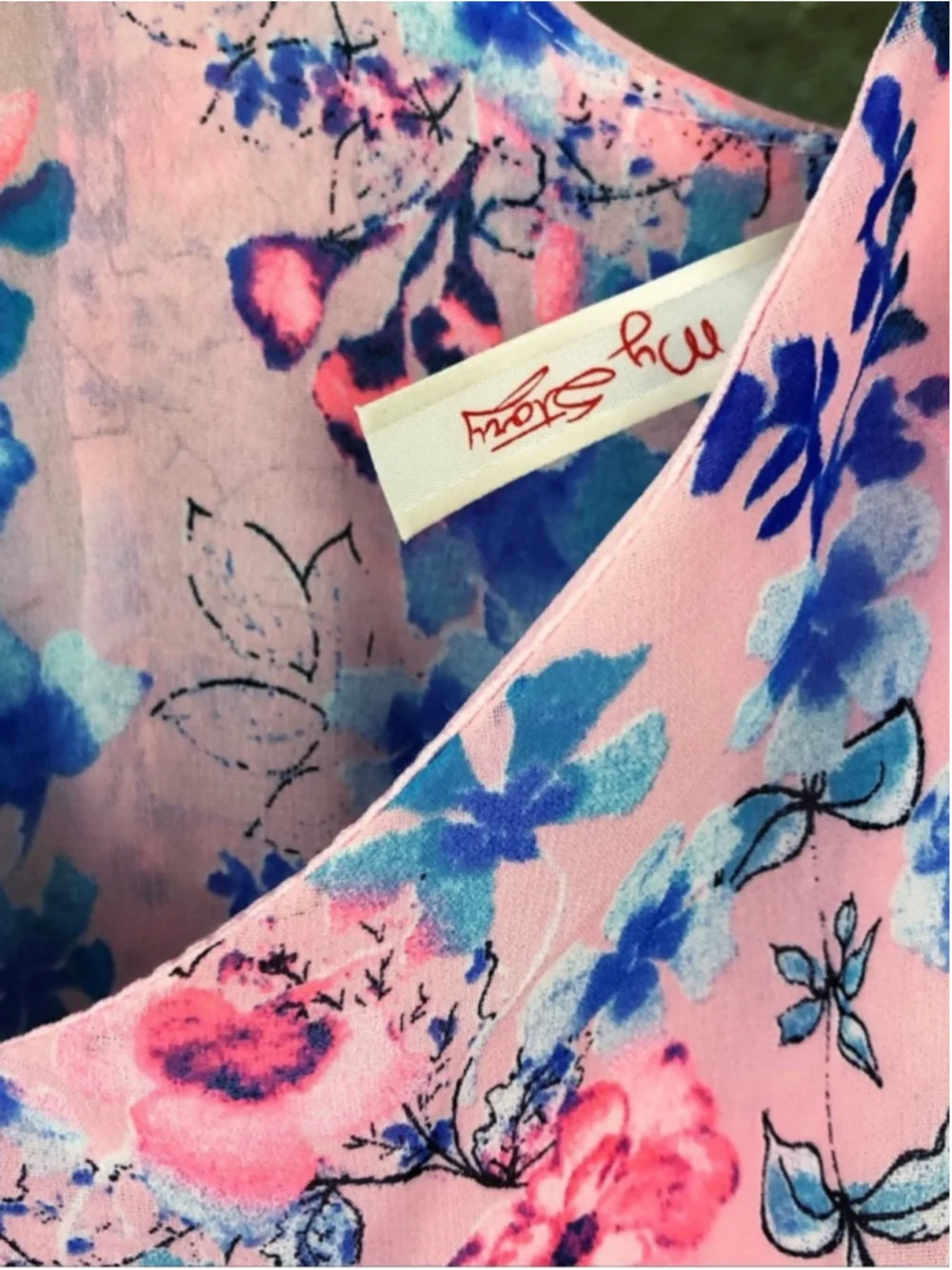 My Story Pink Floral Midi Dress with Blue Floral Print